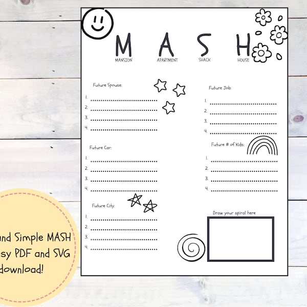 MASH game in cute black and white, Y2K game will be the hit at any party! Easy to print at home in PDF & SVG format!