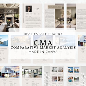 May include: A real estate comparative market analysis (CMA) template designed in Canva. The template features a modern design with a neutral color palette and includes sections for estimated value, property stats, and recent sales. The text "Real Estate Luxury CMA" is displayed in a large font at the top of the template.