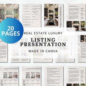 May include: A 20-page real estate luxury listing presentation template made in Canva. The template features a beige background with a modern design and includes sections for the agent, the team, marketing strategy, competitive market analysis, home closing process, and preparing your home to sell. The template also includes a table of contents and a brokerage name section.