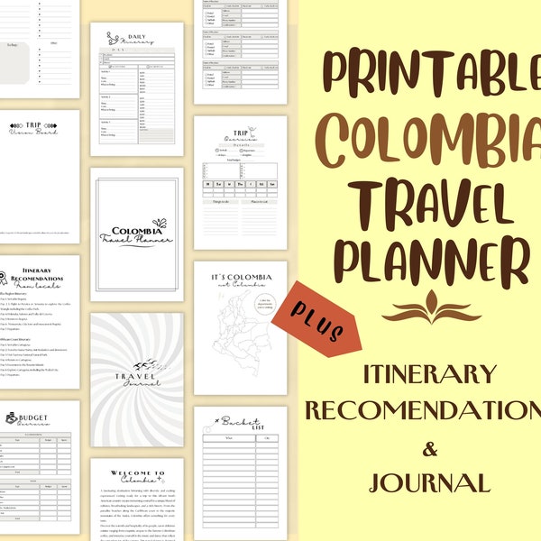 Colombia travel planner printable, trip planner, Travel Templates, Vacation, Packing list, Travel Journal, Medellin, Cartagena, Colombia.