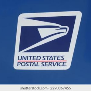 May include: The United States Postal Service logo, featuring a white eagle head and wing design on a blue background. The words "UNITED STATES POSTAL SERVICE" are displayed in white and red.