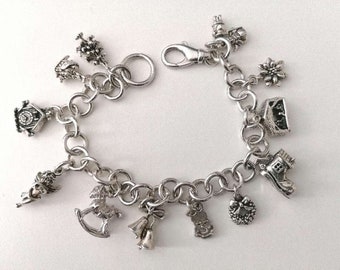 Bracciale con ciondoli in argento massiccio con 13 ciondoli, motivi natalizi, argento sterling