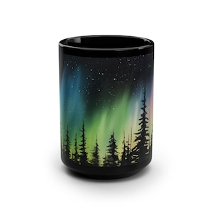 Nordlichter Tasse | Aurora Borealis | Himmlischer Nachthimmel | Natur-Tasse | Keramik Kaffeetasse |  Schwarze Kaffeetasse | Keramik 15 Unzen Becher