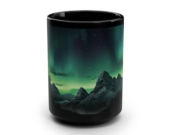 Northern Lights Mountain Lake Ceramic Coffee Mug |  Nature | Celestial Night Sky| Aurora Borealis | Black Coffee Cup | 15 oz