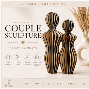 Può includere: Due sculture parametriche in legno tagliato al laser che rappresentano una coppia. Le sculture marroni hanno linee verticali. Il testo "Couple Sculpture" e "Download istantaneo" è visibile. Il testo "Digital Laser Cut Files" è presente.