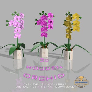 Orquídea de madera hecha a mano, rompecabezas 3D, regalo de flores de madera para ella, decoración del hogar, archivo digital listo para láser, DXF, descarga en PDF, feliz día de San Valentín
