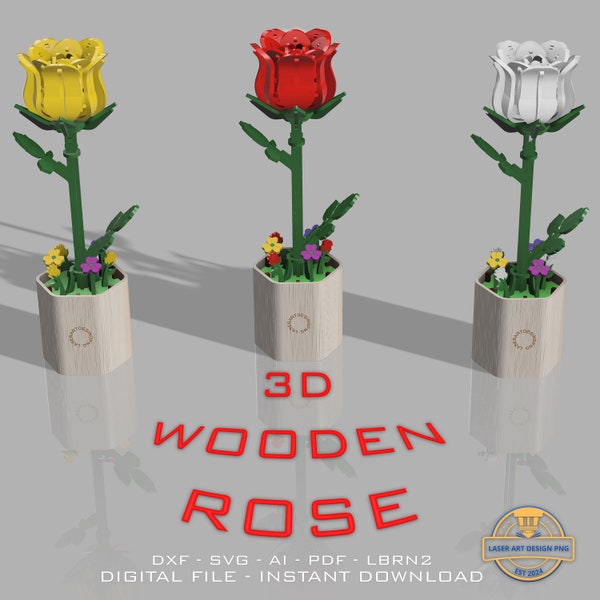 Diy Wooden Rose - 3d Puzzle - Wood Flower - Wooden Puzzle - Gift for Her - Home Decor - Laser Ready - Digital Ready File - DXF - SVG - PDF