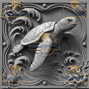 May include: A 3D relief carving of a sea turtle swimming through waves. The turtle is gray and has a detailed shell. The waves are carved in a swirling pattern. The carving is framed in a decorative border.