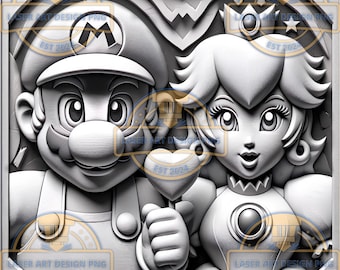 Ilusión 3D de talla de madera / Grabado láser de fontanero y princesa retro PNG