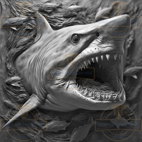 アートプレート シャークデザイン 3D White Shark Laser Engraving PNG File - Lightburn Ready (digital