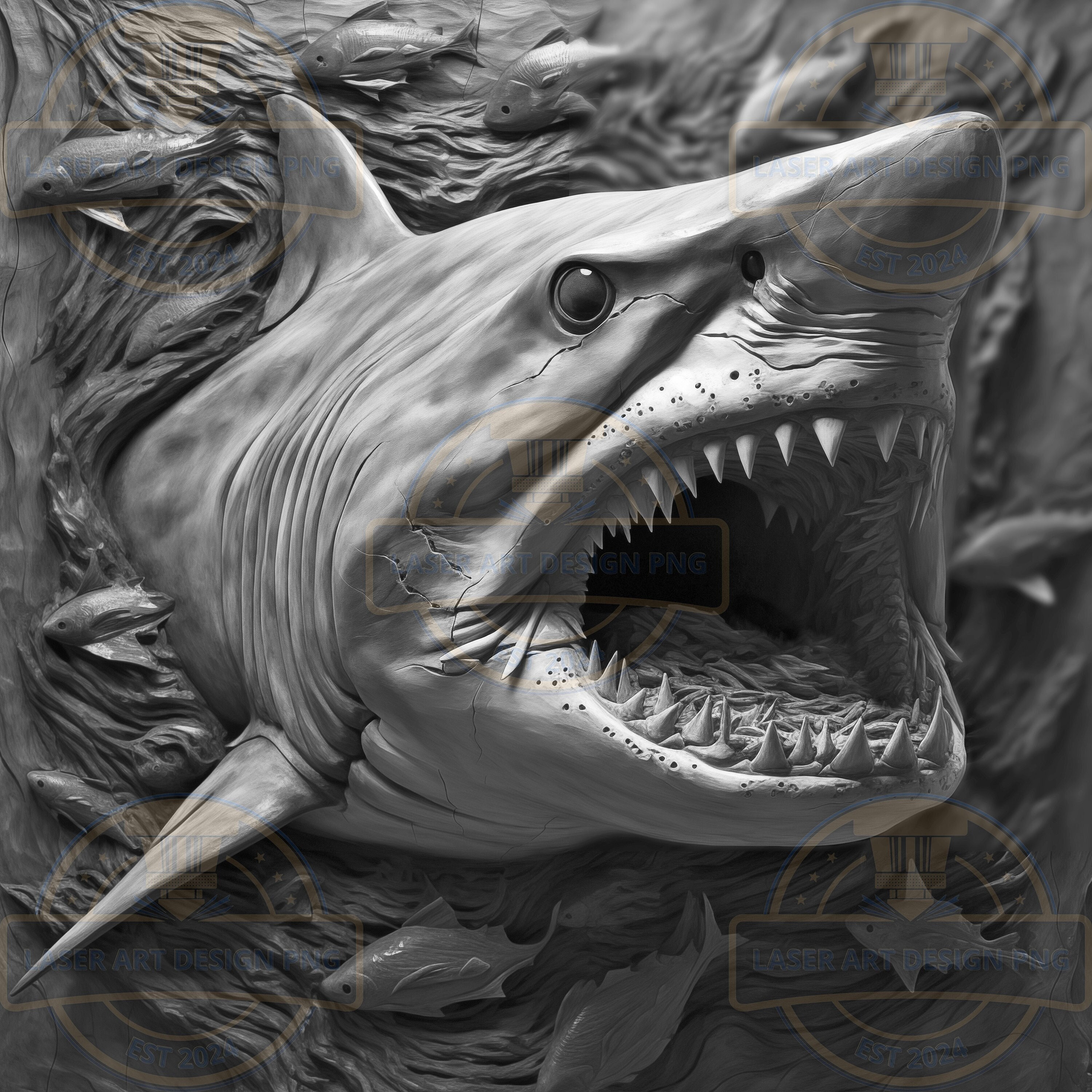 SHARK BURN Custom Classic Drive 3D White Shark Laser Engraving PNG File - Lightburn Ready (digital