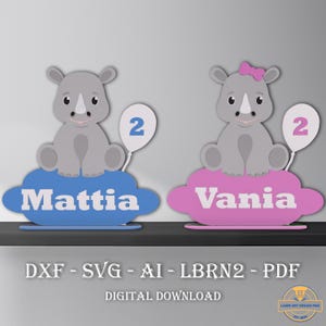 Rhino - Zoo Safari Animals Stands - Personalizowany stojak - Drewniany znak z nazwą - Projekty gotowe do obróbki laserowej - Stojak Glowforge - SVG - PDF - AI - Dxf