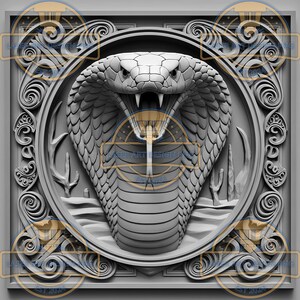 May include: A gray, three-dimensional relief sculpture of a cobra snake with its hood raised, set within an ornate, square frame. The snake is depicted in a realistic style, with detailed scales and a menacing expression.