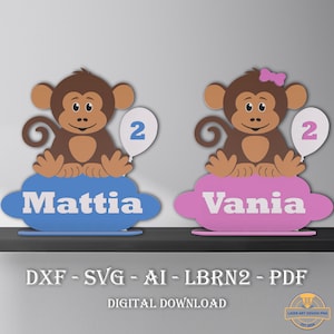 Mono - Soportes de animales de safari en zoológico - Soporte personalizado - Letrero de madera con nombre - Diseños listos para imprimir con láser - Soporte Glowforge - SVG - PDF - AI - Dxf