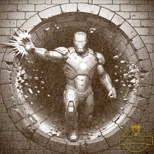 May include: Sepia-toned illustration of Iron Man breaking through a circular stone wall. The armored figure is in a dynamic pose, with one hand emitting a burst of energy. The wall is crumbling around the point of impact.