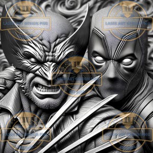 May include: A black and white 3D printed image of Wolverine and Deadpool. Wolverine is on the left with his claws extended and Deadpool is on the right with his mask on. The image is detailed and realistic.