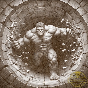 Op de afbeelding: Sepia-getinte illustratie van de Hulk die door een stenen muur breekt. De Hulk, een gespierde figuur, staat in het midden, zijn armen uitgestrekt terwijl hij door de cirkelvormige structuur breekt. De afbeelding heeft een vintage stripboekstijl.