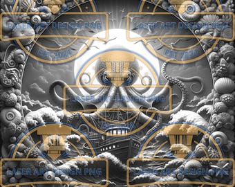 May include: A grayscale nautical-themed digital art piece featuring an octopus, a ship, and ocean waves. The design includes a circular frame with seashells and the text "LASER ART DESIGN PNG" and "EST 2024".