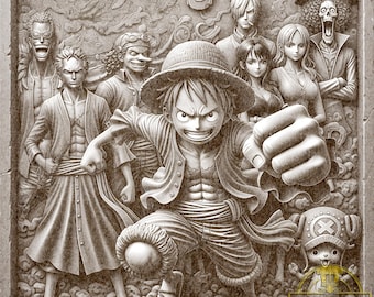 May include: A sepia-toned relief carving featuring a group of anime characters. The central figure, wearing a straw hat, is in a dynamic pose with a clenched fist. Other characters are positioned around him, creating a sense of action and adventure.