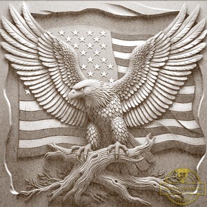 May include: A detailed relief carving of a bald eagle with outstretched wings, perched on a tree branch, set against a backdrop of the American flag. The artwork is rendered in shades of gray and white, showcasing intricate feather and flag details.