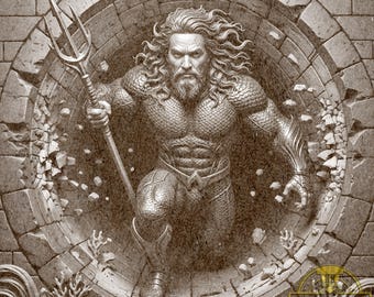 May include: Sepia-toned illustration of a muscular figure emerging from a stone wall, holding a trident. The figure has long, wavy hair and a beard, wearing armor. The image has a detailed, textured appearance, with water and debris at the base.