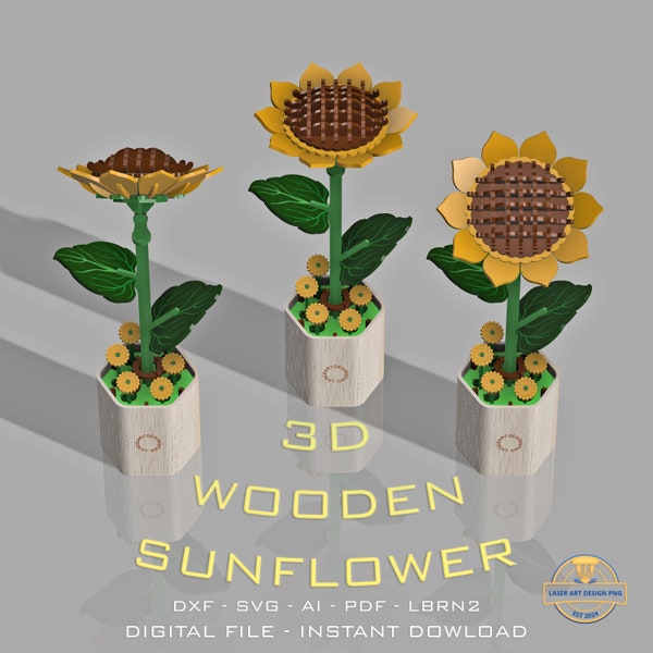 Diy Wooden Sunflower - 3d Puzzle - Wood Flower - Wooden Puzzle - Gift for Her - Home Decor - Laser Ready - Digital Ready File - DXF - SVG