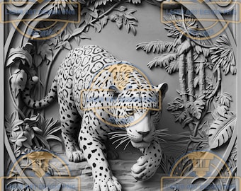 May include: A black and white 3D relief sculpture of a jaguar walking through a jungle scene. The jaguar is depicted in a realistic style with detailed fur and facial features. The jungle scene is also detailed, with leaves, vines, and trees.