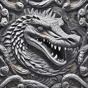 May include: A detailed, gray, 3D sculpture of a crocodile's head with an open mouth and sharp teeth. The crocodile is surrounded by intricate, swirling patterns.