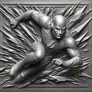 May include: A grayscale 3D sculpture of The Flash, a superhero known for his speed, running through a cracked, textured surface. The sculpture is detailed and realistic, capturing the superhero's iconic costume and lightning bolt symbol.