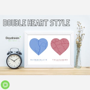 Carte personnalisée double coeur - plusieurs styles et couleurs avec rues, nom de lieu, comté/État/pays et coordonnées - TÉLÉCHARGEMENT NUMÉRIQUE