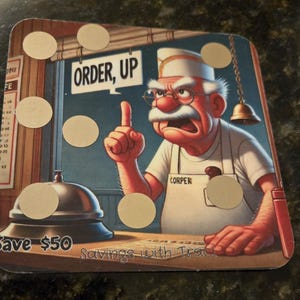 May include: A cartoon illustration of a man with a white hat and a white apron, pointing his finger up and saying "ORDER, UP". The image is a vintage-style advertisement for a restaurant or diner. The image has a brown background with a wooden counter and a bell on the counter. The image has a yellow, brown, and white color scheme.