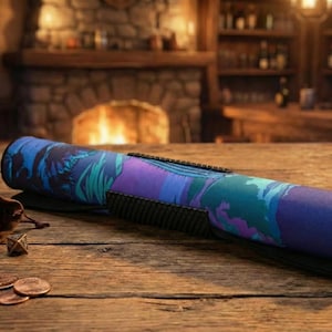 May include: Rolled-up blue, purple, and green patterned gaming mat with a black base. A brown drawstring bag with dice and a few coins are on a wooden table. The background features a fireplace and a bar.