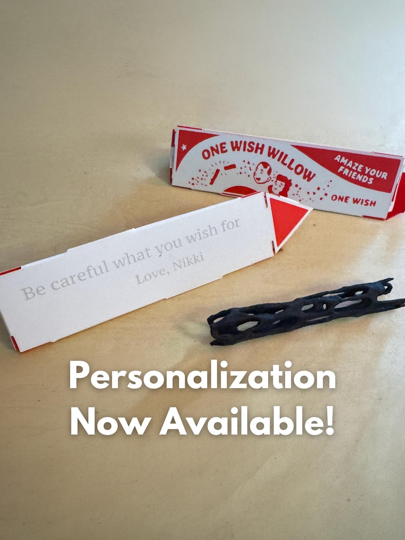 Puede incluir: Una tarjeta de papel blanco con detalles en rojo que presenta el texto ONE WISH WILLOW y AMAZE YOUR FRIENDS, junto a una segunda tarjeta blanca impresa con Be careful what you wish for Love, Nikki, y un peque&ntilde;o objeto cil&iacute;ndrico negro poroso.