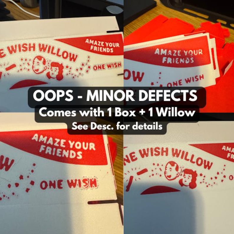 Puede incluir: Una caja de cart&oacute;n blanca con gr&aacute;ficos impresos en rojo que incluyen el texto THE WISH WILLOW, AMAZE YOUR FRIENDS y ONE WISH. El dise&ntilde;o presenta ilustraciones estilizadas de dos rostros rodeados de peque&ntilde;as formas de estrellas.