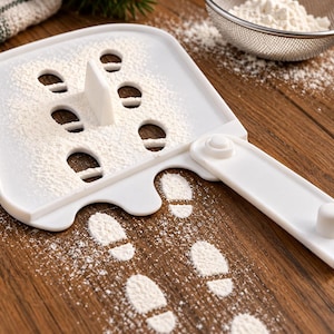 May include: A white plastic stencil tool featuring a series of cutouts shaped like small footprints. The tool has a central vertical handle and a flat rectangular base with a hinged side arm, designed to create footprint patterns with flour.