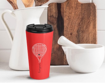 Personalized Tennis Coffee Tumbler, Custom Tennis Coffee Mug, Custom Stainless Steel Tennis Tumbler w Racquet & Name, Tennis Lover Gift Idea