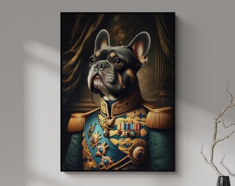 Stately French Bulldog Art, Anthropomorphic Military Dog, Noble Canine Commander Portrait, Unique Animal Wall Decor