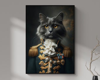 Unique Anthropomorphic Cat Portrait, Vintage Victorian General with Medals, Regal Feline Wall Art