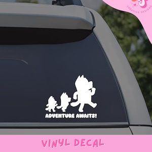 Adventure awaits Decal, bumper decals, bumper stickers, vinyl decal| white |blue dog stickers and decals, bandit bluey bingo