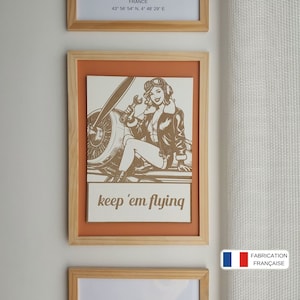 Framed poster in engraved wood "the Vintage Aviator", design poster, wall poster, gift idea, vintage poster,