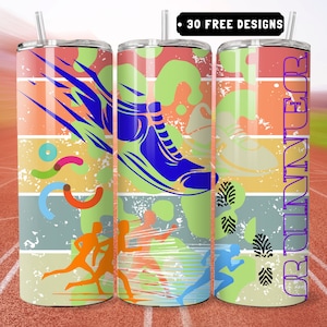 May include: Three colorful stainless steel tumblers with a running theme. The tumblers feature a retro design with colorful stripes, running shoes, and silhouettes of runners. The text "RUNNER" is printed on one of the tumblers in purple.