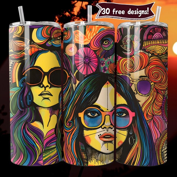 Girls 20oz Skinny Tumbler Sublimation Design Download PNG  Hippie Summer Print Digital Retro Tumbler Festival Fashion Wrap Mug Hipster PNG