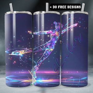 May include: A stainless steel tumbler with a colorful design of a figure skater on a dark blue background. The design includes the word "Skater" in a stylized font.