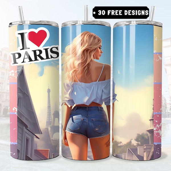 I Love Paris 20oz Tumbler Skinny design Sublimation Print Mini Shorts Digital Download PNG Denim Girl Wrap Mug DigitalOnly Png