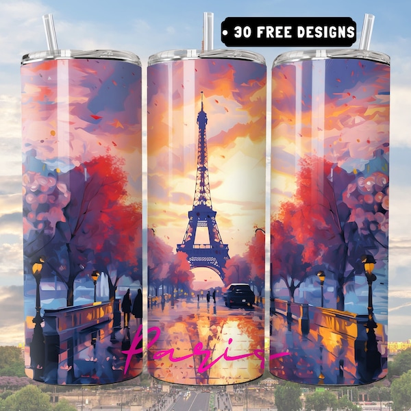 Paris 20oz Tumbler Skinny Sublimation Design Digital Download PNG Tumbler Wrap DigitalOnly Paris Oil Painting City Text Wrap Mug Design PNG