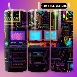 Könnte beinhalten: Drei Edelstahlbecher mit einem Neon-Design eines Computerarbeitsplatzes. Das Design zeigt einen Computermonitor, eine Tastatur, eine Maus und eine Person, die auf einem Stuhl sitzt. Der Text "30 FREE DESIGNS" ist in der oberen rechten Ecke des Bildes sichtbar.