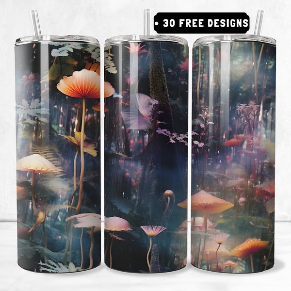 Fantasie-Pilz-Wald 20 Unzen Skinny Tumbler Sublimation Design Digitaler Download PNG Becher DIY Handwerk Digitaldruck Fotografie Surreal