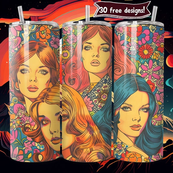 Girls 20oz Skinny Tumbler Sublimation Design Download PNG  Hippie Summer Print Digital Retro Tumbler Festival Fashion Wrap Mug Hipster PNG