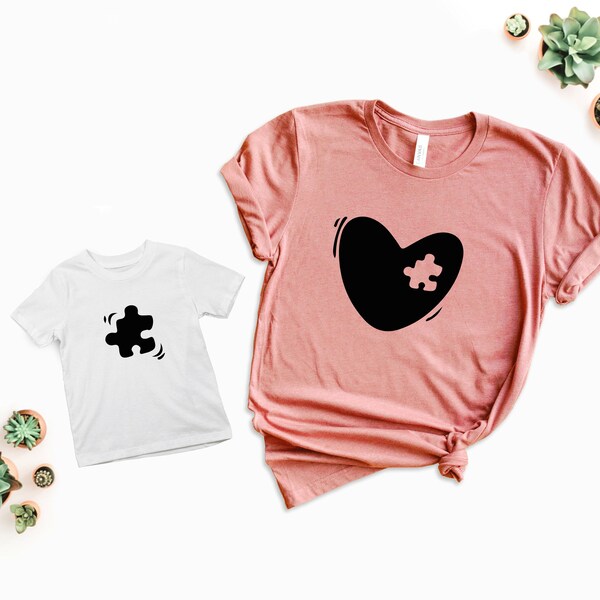 Puzzle Matching T-Shirt, Mother's Day Gift, Mama Mini Heart Puzzle Shirt, Puzzle Heart and Missing Piece Matching Shirt, Mother-Child Shirt