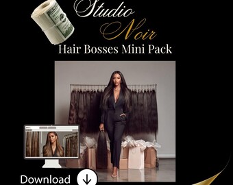 May include: An advertisement for "Studio Noir Hair Bosses Mini Pack" featuring a woman in a black suit, bundles of hair, a computer screen, and a roll of cash. The word "Download" is also visible.